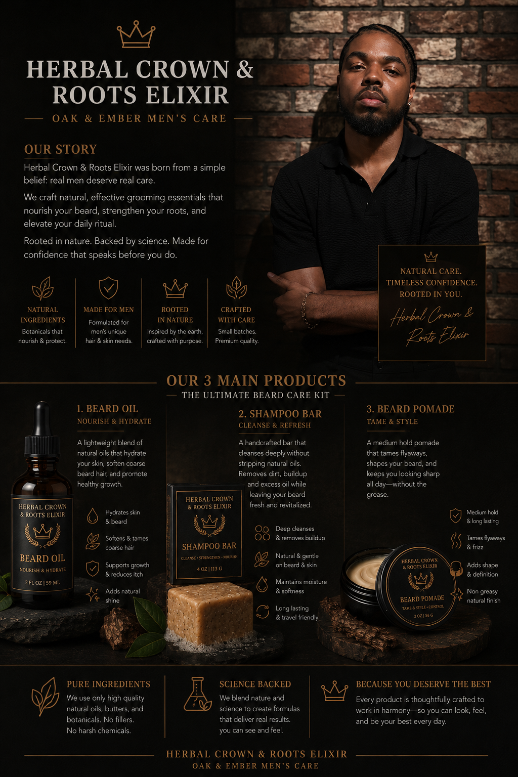 King’s Grooming Growth Kit — Herbal Beard & Hair Strength System Natural Ayurvedic Growth Oil + Beard Balm + Stimulating Shampoo Bar