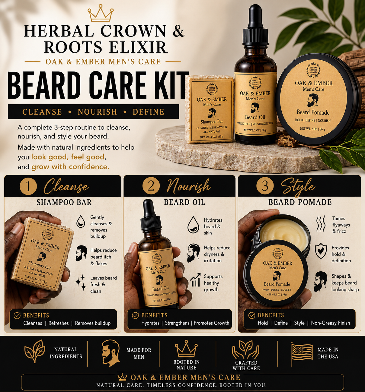 Oak & Ember Beard Care Kit | Beard Oil, Pomade & Shampoo Bar