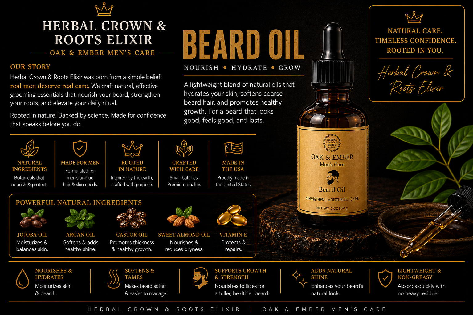 Herbal Crown & Roots – Oak & Ember Beard Oil | Strengthen • Moisturize • Shine